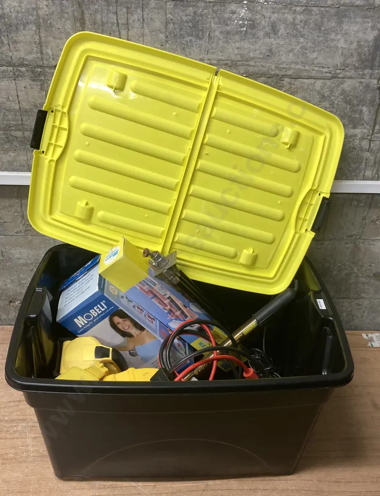 Black Bin With Lid, GearUp Jumper Leads, Portable Grab Handle, Torches Etc Image 1++